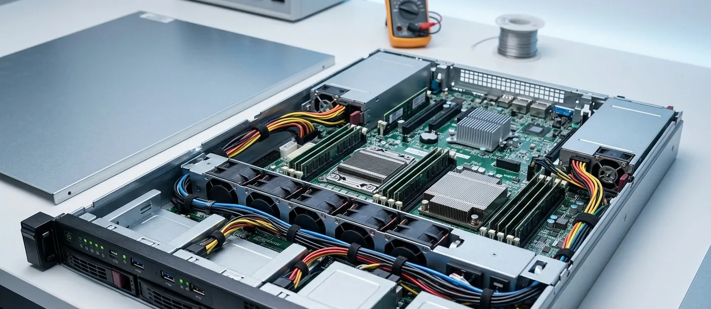 Ein offener Rack-Server auf der Werkbank, Deckel ab, daneben ein Multimeter.